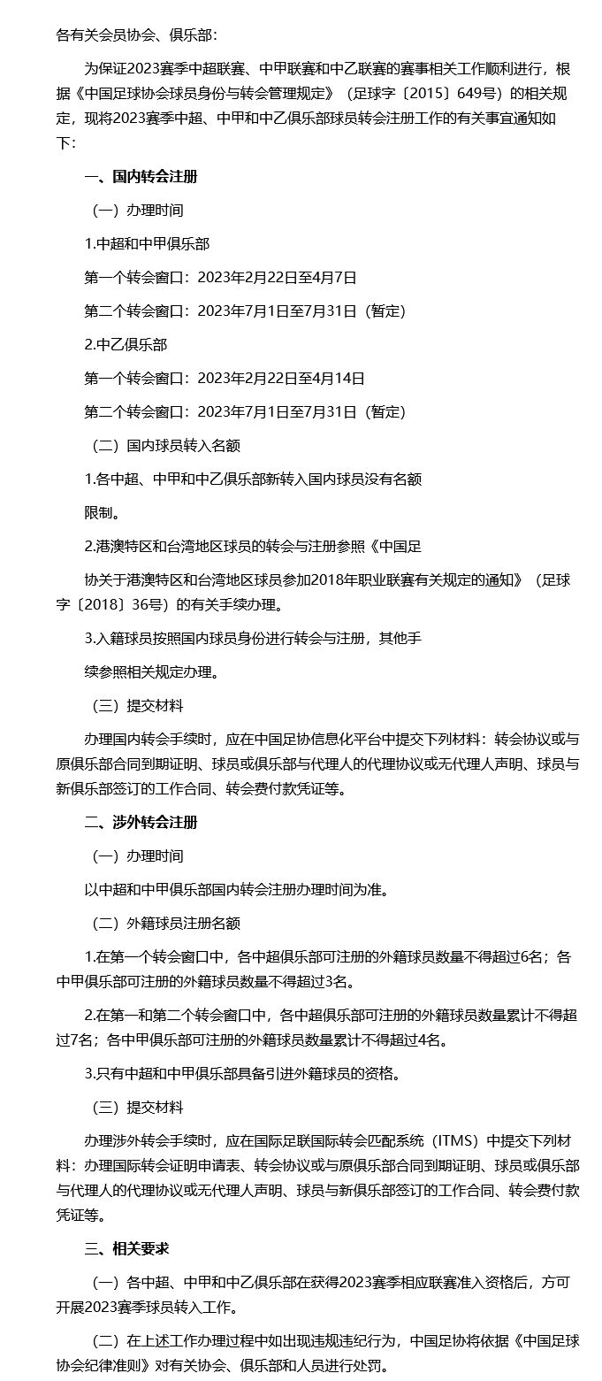 2023年赛季中超联赛国内转会窗口2月22日开启